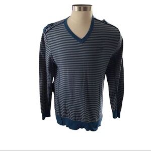 Guess Blue Grey Striped Sweater Pullover V-Neck Long Sleeve Logo on Chest Men XL
